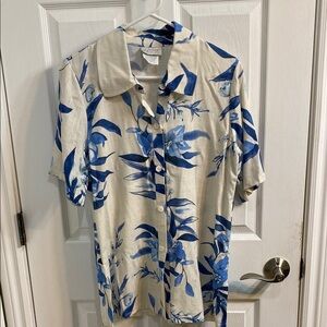 Artex Vintage Linen Blend Tropical Floral Blue Cream Women’s Shirt Blouse Small